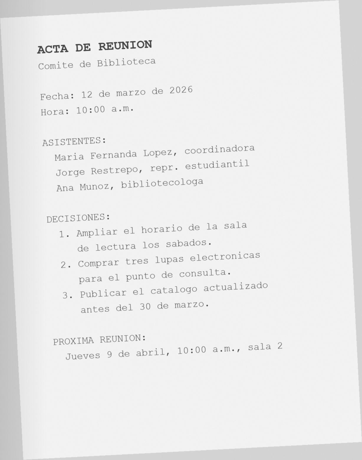 Escaneo torcido y con grano de un acta mecanografiada; para el software es solo una imagen sin texto. La pestaña «Después» contiene el mismo documento en versión accesible.
